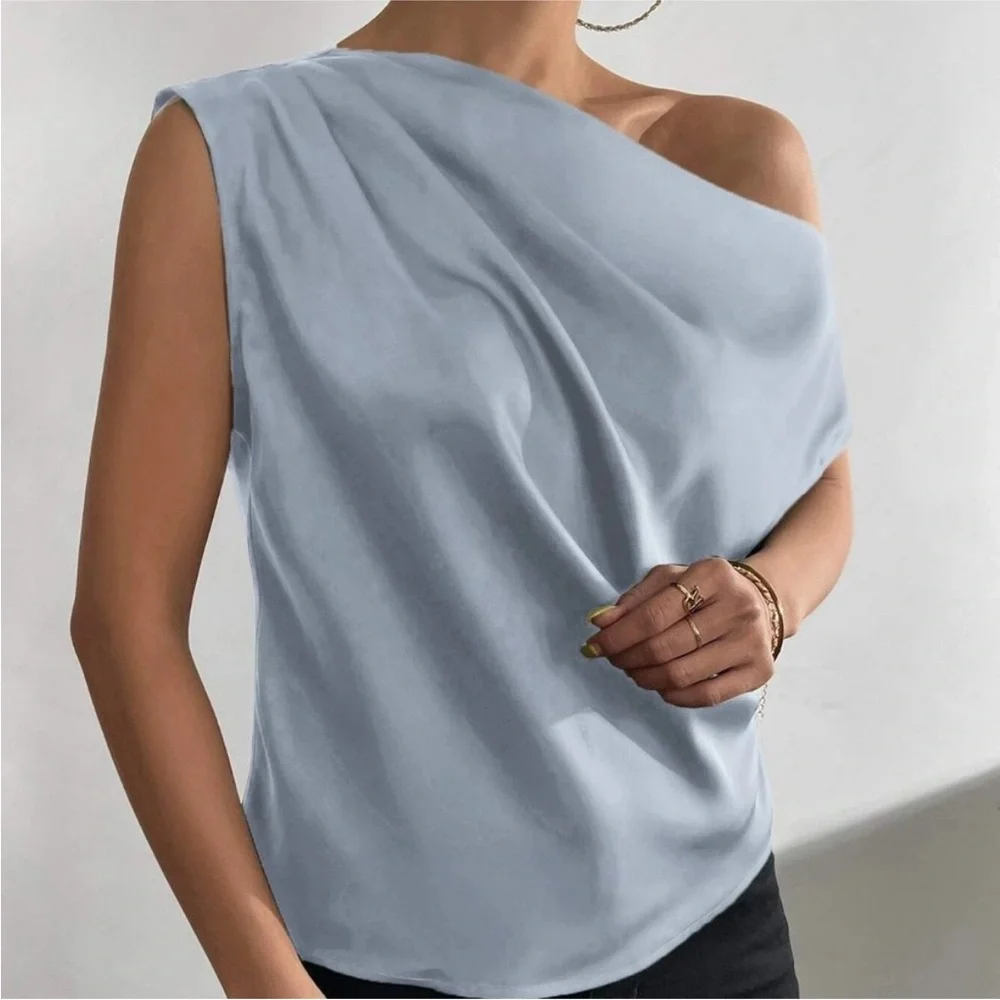 Light Blue Satin Draped Asymmetrical Blouse Top - Picture 4 of 9